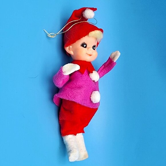 Vintage 1950s Pixie Elf Ornament Pink and Red Hat Pom-Poms Japan Felt Christmas - Picture 7 of 9